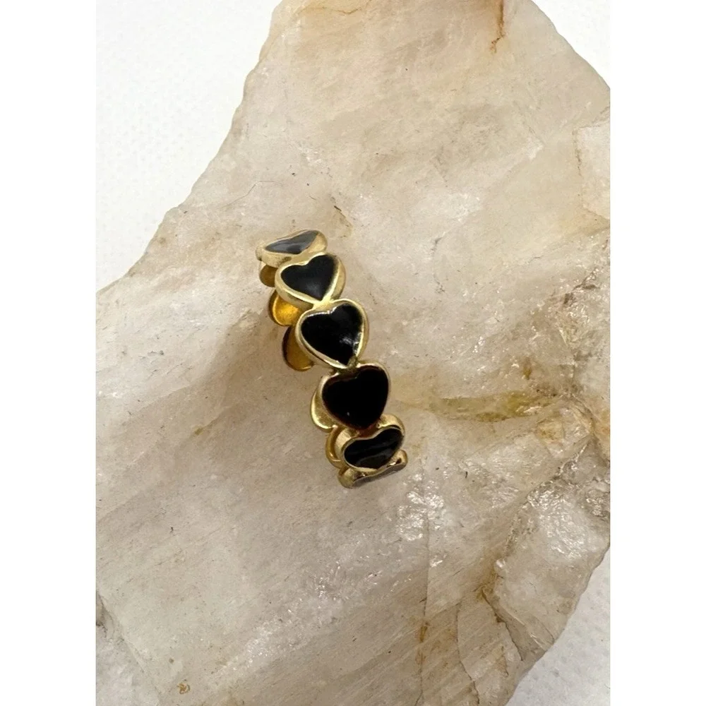18K Gold‎ Plated Heart Enamel Band Ring Size 7 Open Adjustable Black Hearts Cute